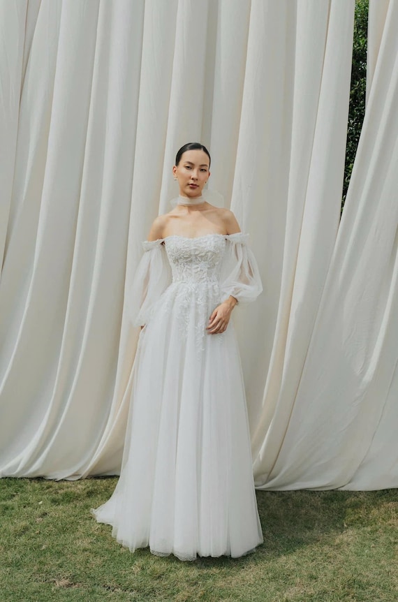 Mimosa Romantic Off Shoulder Bridal Gown with Long Sleeves, Boho Lace Wedding Dress, Custom Made Bridal Dress, Ethereal Wedding Gown