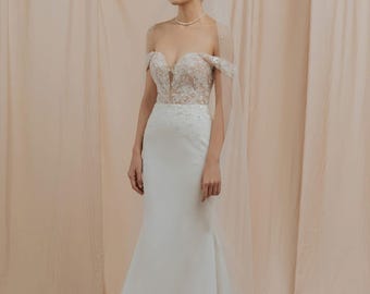 Amery Lace Appliqué Off Shoulder Wedding Dress – Modern Fitted Bridal Gown, Sweetheart Mermaid Wedding Dress, Sexy Lace Bodice Wedding Gown