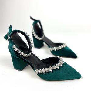 Emerald Green Velvet Block Heels: Rhinestone Ankle Strap Wedding Pumps