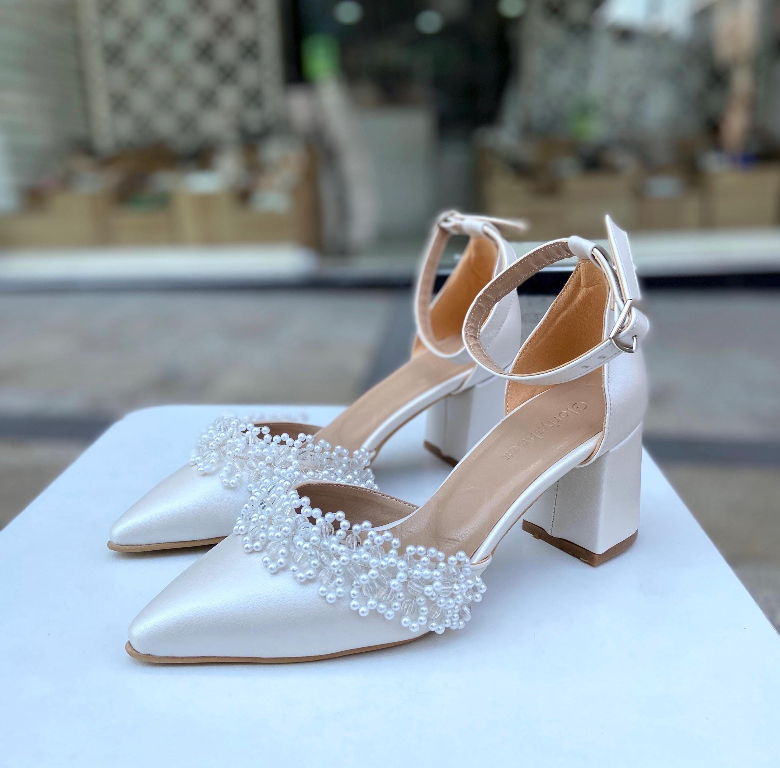 Ivory Bridal Block Heels: Pearl Embellished Wedding Shoes