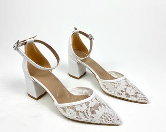 White Lace Bridal Heels: Pointed Toe Cross Strap Wedding Pumps