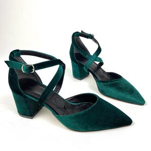 Emerald Green Velvet Block Heels: Cross Strap Wedding Pumps