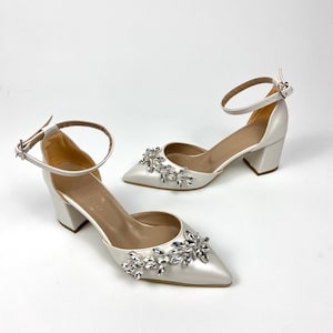 Ivory Floral Crystal Bridal Shoes –Pointed Toe Block Heels with Ankle Strap, Low Wedding Pumps