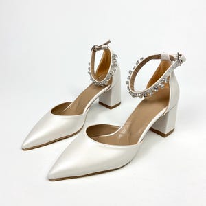 İvory Leather Block Heels with Rhinestone Straps, Pointed Toe Ankle Strap Bridal Shoes, Elegant and Comfortable Wedding Pumps