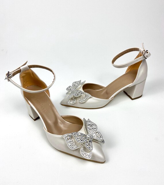 Ivory Satin Bridal Shoes: Rhinestone Butterfly Block Heel Pumps