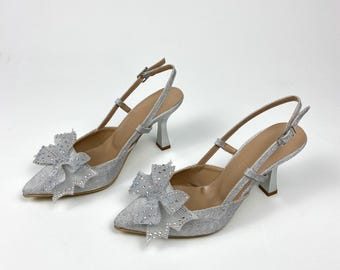 Silver Glitter Bridal Shoes: Pointed Toe Mid Heel Wedding Pumps