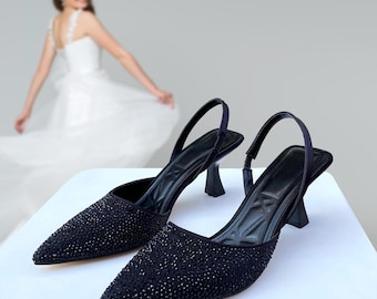 Escarpins noirs à strass pour la mariée : escarpins élégants pour mariage à bout pointu