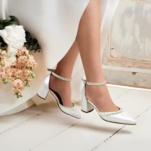 Ivory Bridal Block Heels: Pearl Ankle Strap Wedding Shoes (2.3 inch)
