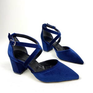 Navy Blue Velvet Block Heels: Cross Strap Wedding Pumps