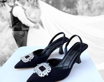 Black Satin Slingback Heels: Rhinestone Buckle Evening Shoes