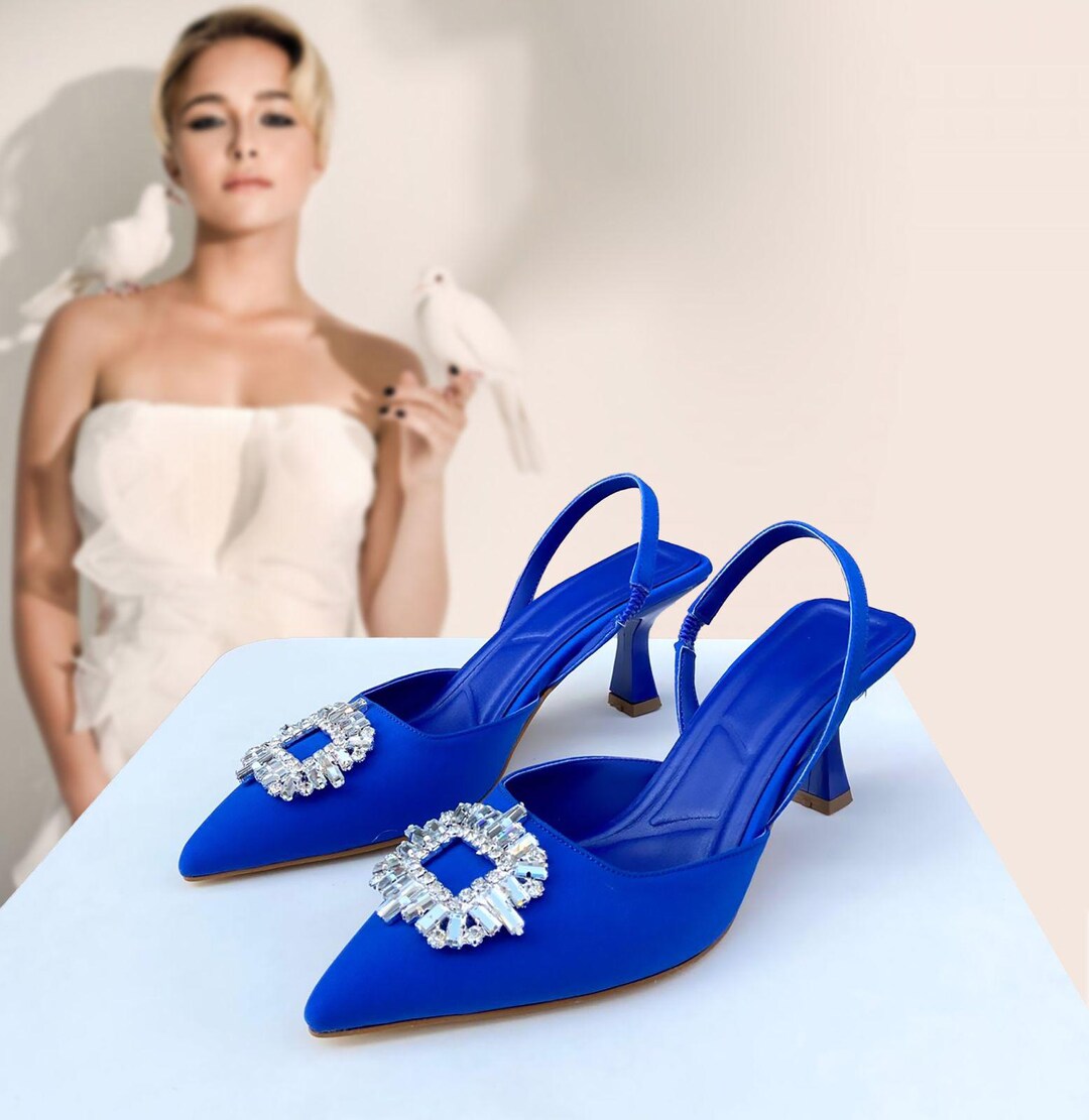 Blue Satin Slingback Heels: Rhinestone Buckle Evening Shoes - Etsy