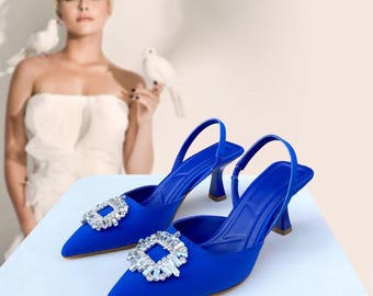 Blue Satin Slingback Heels: Rhinestone Buckle Evening Shoes