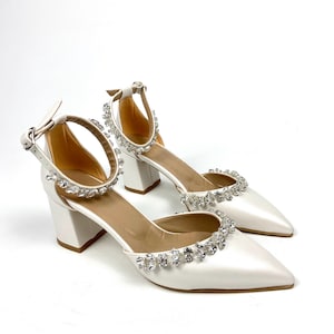 İvory Leather Block Heels with Rhinestone Straps, Pointed Toe Ankle Strap Bridal Shoes, Elegant and Comfortable Wedding Pumps