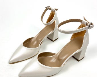 Ivory Bridal Block Heels: Pointed Toe Ankle Strap Wedding Shoes