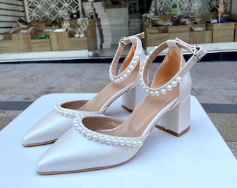 Ivory Bridal Block Heels: Pearl Wedding Shoes with Ankle Strap