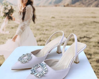 Beige Satin Slingback Heels: Rhinestone Buckle Evening Shoes