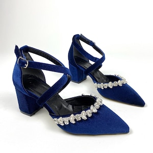 Navy Blue Velvet Block Heels with Rhinestone Straps, Pointed Toe Ankle Strap Shoes, Elegant Pumps for Weddings and Special Events