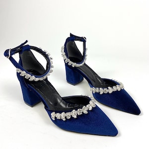 Navy Blue Velvet Block Heels with Rhinestone Straps, Pointed Toe Ankle Strap Shoes, Elegant Pumps for Weddings and Special Events