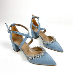 Blue Suede Rhinestone Block Heel Bridal Shoes: Ankle Strap Pumps