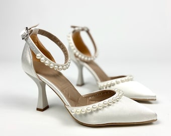 White Vegan Leather Bridal Heels: Pearl Slingback Wedding Shoes