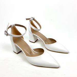 White Ankle Strap Pointed Toe Block Heel Pumps – Elegant Low Heel Shoes for Bridal, Office Wear or Special Formal Occasions