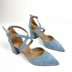 Light Blue Suede Block Heel Pumps: Cross Strap Wedding Shoes