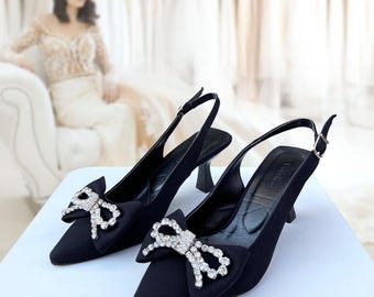 Black Satin Slingback Heels: Rhinestone Bow Low Heel Wedding Pumps