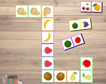 1+1 gratis cadeau, fruit dominospel afdrukbaar, op Montessori geïnspireerde bijpassende kaarten, educatieve activiteit voor kinderen, pdf, direct downloaden