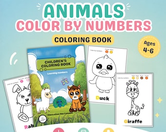 Libro da colorare facile per bambini con animali, stampabile in PDF, colora con i numeri e impara le lettere, il riconoscimento dell'alfabeto e la fonetica dei suoni iniziali. Attività per bambini piccoli.