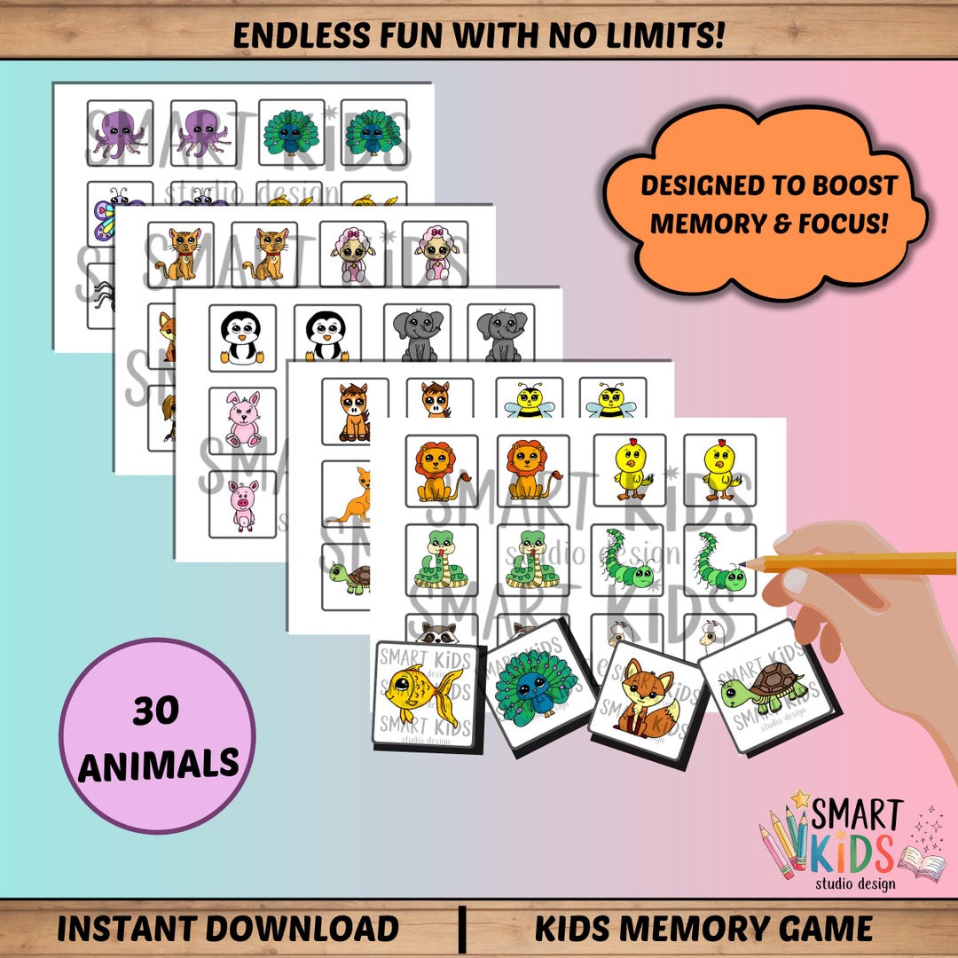 Animal Memory Game for Kids: Hand-drawn Montessori Cards (PDF Download ...