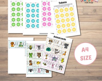 Juego de bingo de animales para niños: Actividad de aprendizaje imprimible y dibujada a mano (Descarga PDF tamaño A4)