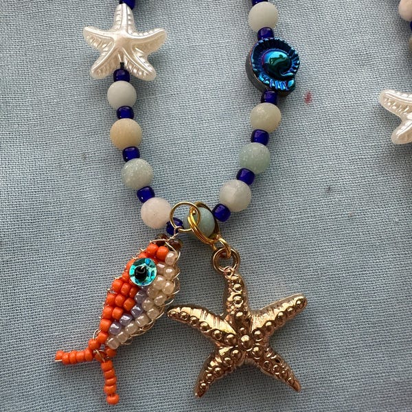 Handmade Summer Beach Style Starfish and Beaded Fish Necklace