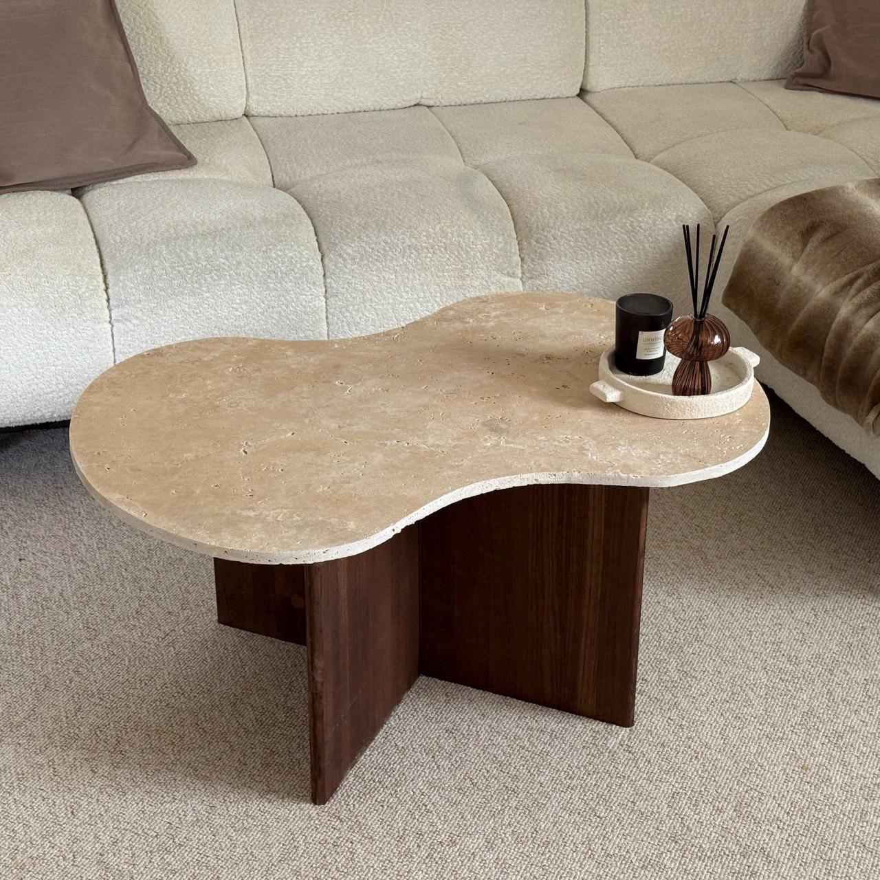Table Basse Travertin Et Chêne Foncé