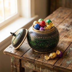 May include: A decorative, round, black and green jar with a lid, filled with colorful wrapped candies. The jar has a gold rim and intricate patterns. The lid is off to the side, and the jar sits on a rustic wooden table.