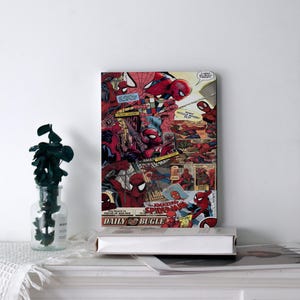 May include: A rectangular notebook featuring a vibrant comic book collage cover with multiple illustrations of Spider-Man in red and blue suits. The cover includes various speech bubbles, action panels, and the Daily Bugle newspaper logo at the bottom.