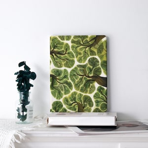 May include: A rectangular notebook featuring a repeating pattern of green tree canopies against a white background. The illustration depicts the trees from a bird's-eye view, with detailed branches and leaves. The notebook is resting on a stack of books.