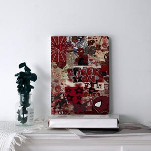 May include: A red and white collage featuring Spider-Man imagery, including the character's mask, web, and the words "Spider-Man." The design incorporates various patterns and illustrations, creating a dynamic and visually engaging composition.