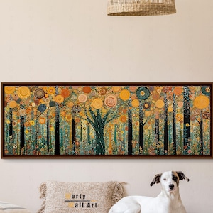 May include: A rectangular panoramic wall art piece featuring a stylized forest scene with dark vertical tree trunks and a dense canopy of golden, orange, and teal circular patterns. The artwork is enclosed in a thin, dark brown wooden frame.