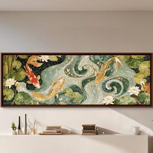 May include: A horizontal rectangular wall art piece featuring a mosaic-style depiction of three koi fish swimming in a pond with green lily pads and white lotus flowers. The artwork is framed in dark wood and displays the text Forty Wall Art.