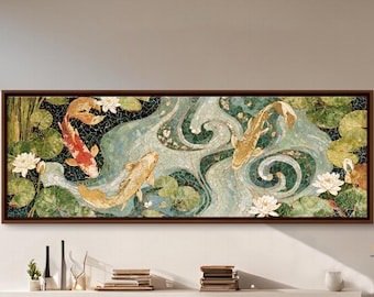 Koi Fish Mosaic Wall Art: Japanese Decor, Botanical Prints, Lotus Painting