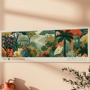 May include: A rectangular wall art print featuring a dense, colorful jungle scene with various tropical plants and trees. The text YAYOI KUSAMA appears in the bottom left corner, with Japanese characters and MUSEE D'ART MODERNE on the right.