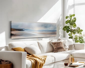 Coastal Landscape Wall Art, Framed Canvas Print, Gallery Canvas, Serene Beach Abstract Nature Home Decor, Long Horizontal Beach Wall Art