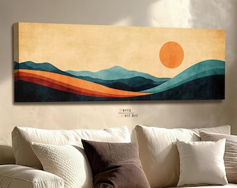 Framed Sunset Landscape Canvas Wall Art: Minimalist Panoramic Print, Above Bed Decor, Abstract Horizontal
