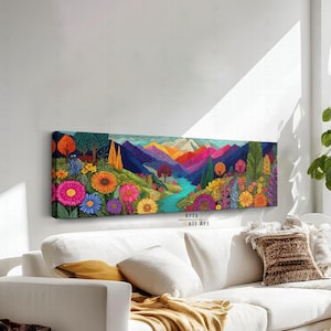 Yayoi Kusama Stil Leinwand Wandkunst, lange horizontale Wandkunst, Panorama Leinwand Wandkunst, stimmungsvolle Wohnkultur, gerahmte Wandkunst, Boho Landschaft