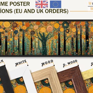 May include: A panoramic wall art print featuring a stylized forest with black tree trunks and circular orange, yellow, and teal foliage patterns. The display includes text reading FRAME POSTER OPTIONS (EU AND UK ORDERS) and five frame color samples.