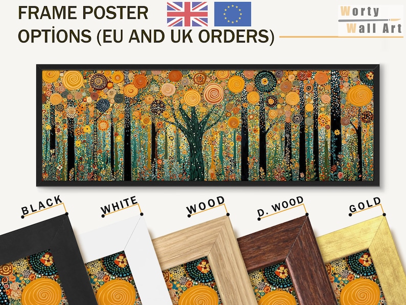 May include: A panoramic wall art print featuring a stylized forest with black tree trunks and circular orange, yellow, and teal foliage patterns. The display includes text reading FRAME POSTER OPTIONS (EU AND UK ORDERS) and five frame color samples.