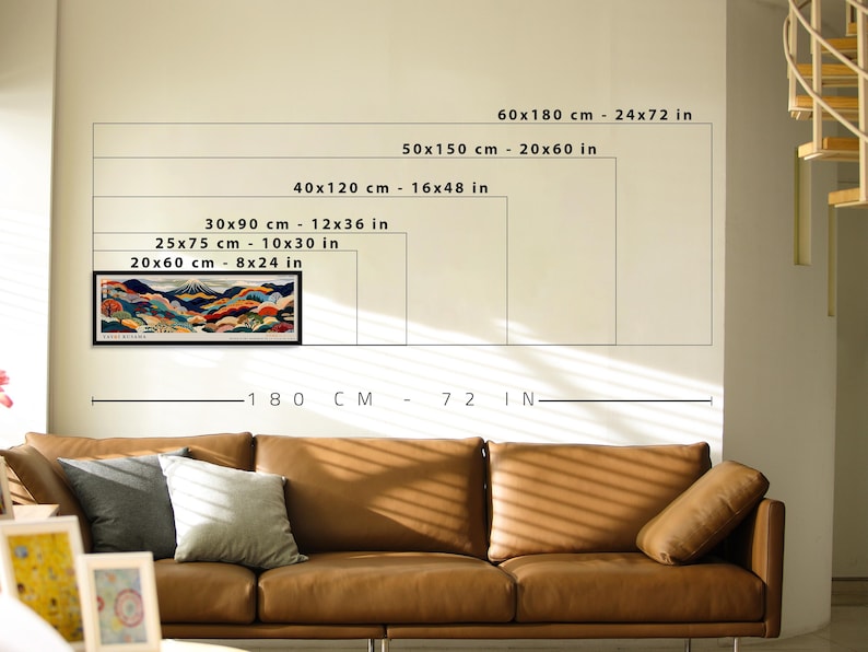 Może przedstawiać: Oprawiony wydruk artystyczny z kolorowym krajobrazem g&oacute;rskim. Wydruk ma wymiary 20x60 cm (8x24 cale) i jest wyświetlany na ścianie z innymi opcjami rozmiaru. Na ścianie znajdują się r&oacute;wnież wymiary w calach i centymetrach.
