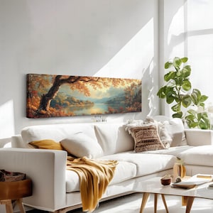 Golden Fall Panoramic Canvas Wall Art, Horizontal Wall Art, Tapestry Style Print, Rustic Landscape Canvas Print, Painting for Living Room