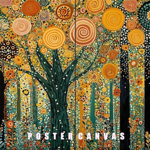 May include: A split-panel canvas print featuring a stylized forest scene with dark tree trunks and a dense canopy of orange, yellow, and teal circular patterns. The text POSTER CANVAS is printed in white at the bottom center of the artwork.