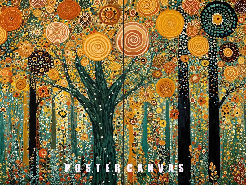 May include: A split-panel canvas print featuring a stylized forest scene with dark tree trunks and a dense canopy of orange, yellow, and teal circular patterns. The text POSTER CANVAS is printed in white at the bottom center of the artwork.